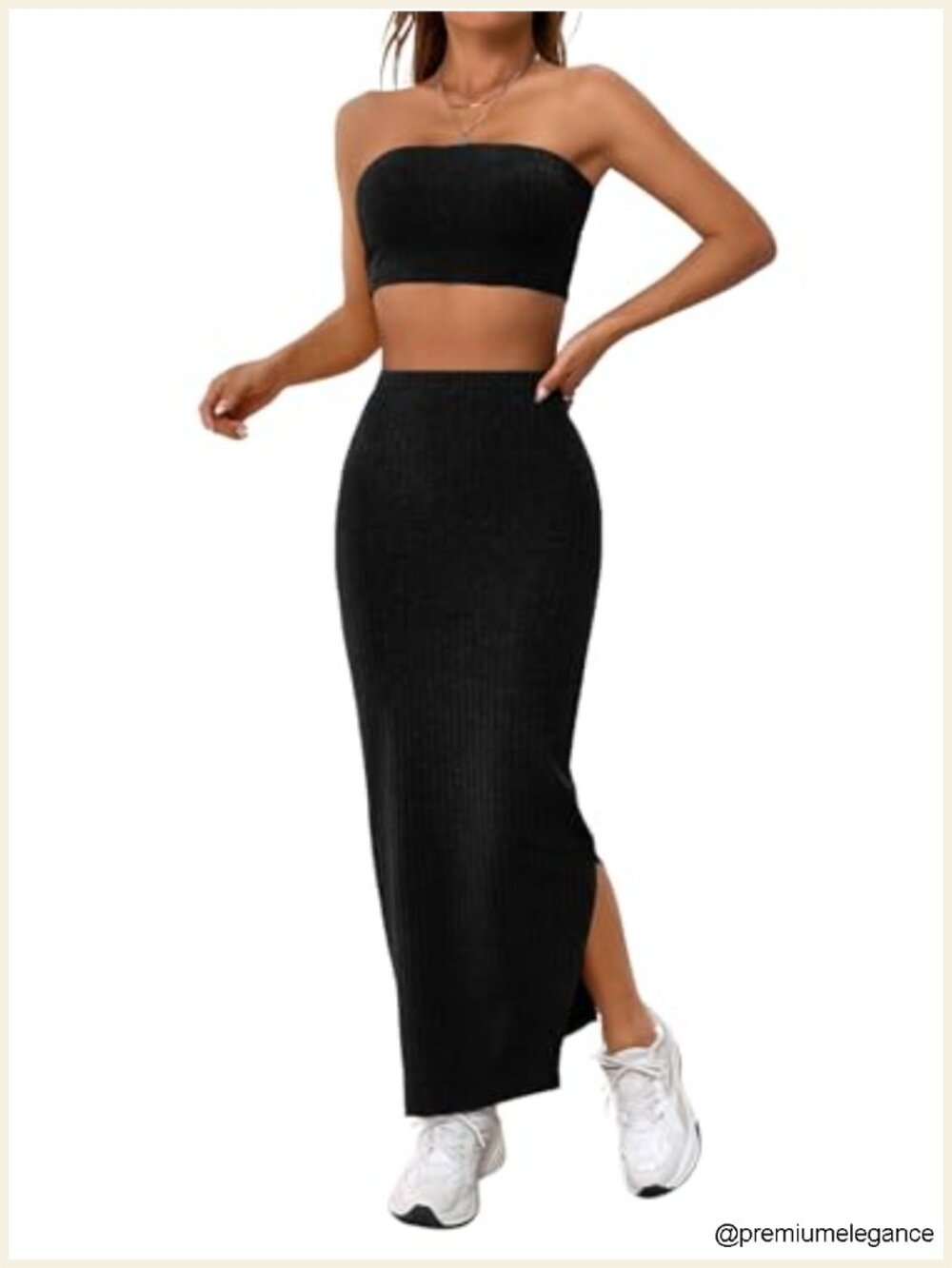 Women's 2 Piece Lounge Set Knit Tube Crop Top Split Midi Skirt